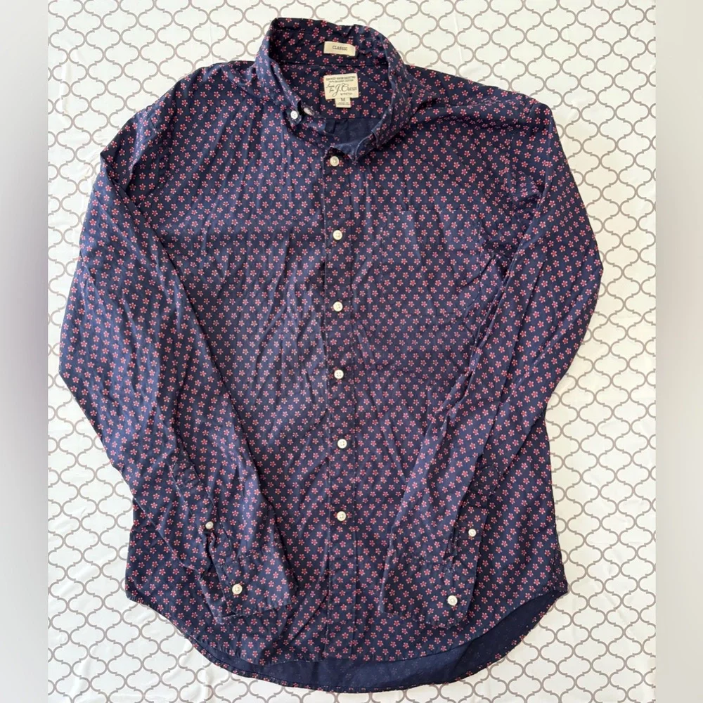 J. Crew Navy Button-Down Shirt with Pink Micro‎ Print